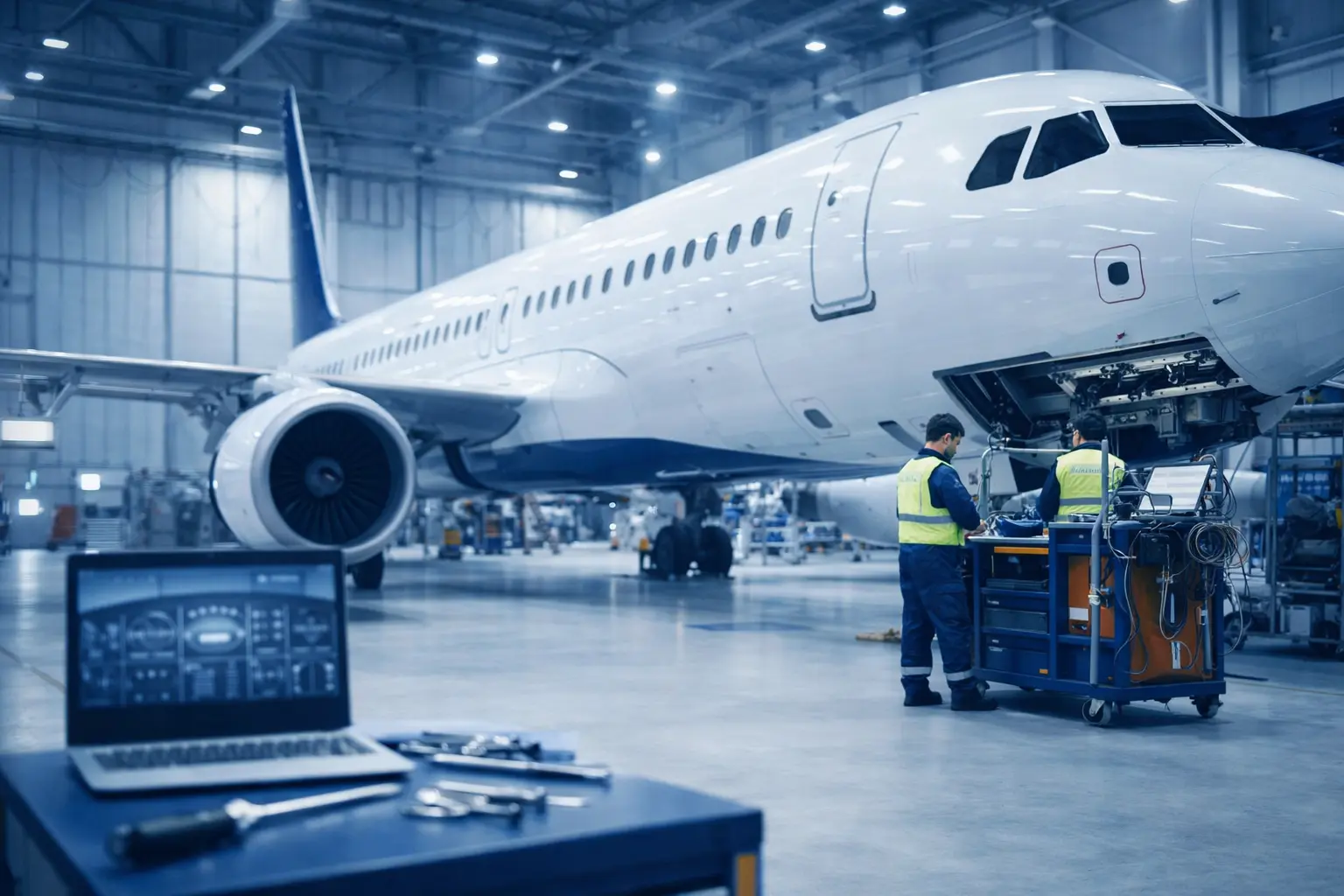 Mecânicos de aeronaves realizando manutenção em hangar
